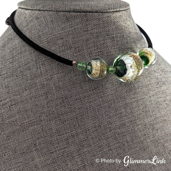 Green & Gold Foil Glass Beads Black Velvet Wire Wrap Choker Necklace - Picture 3 of 10